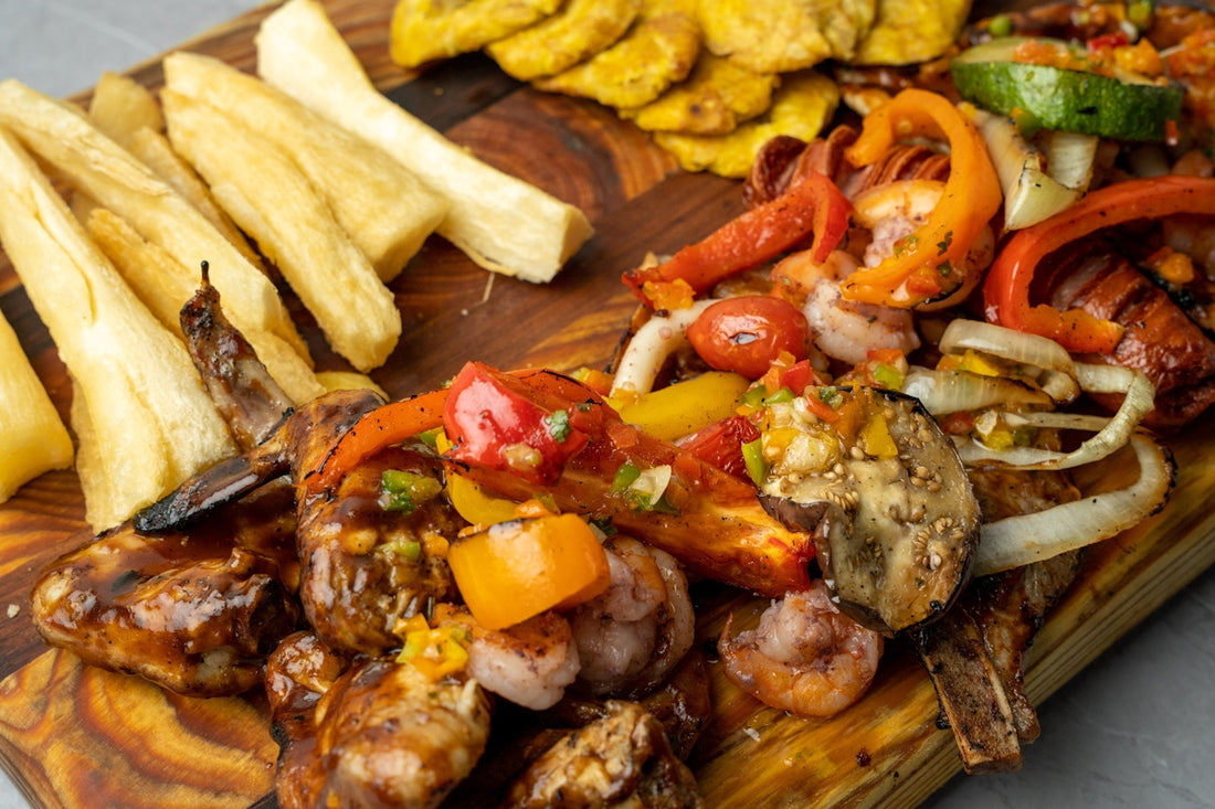 a wooden cutting board topped with different types of food