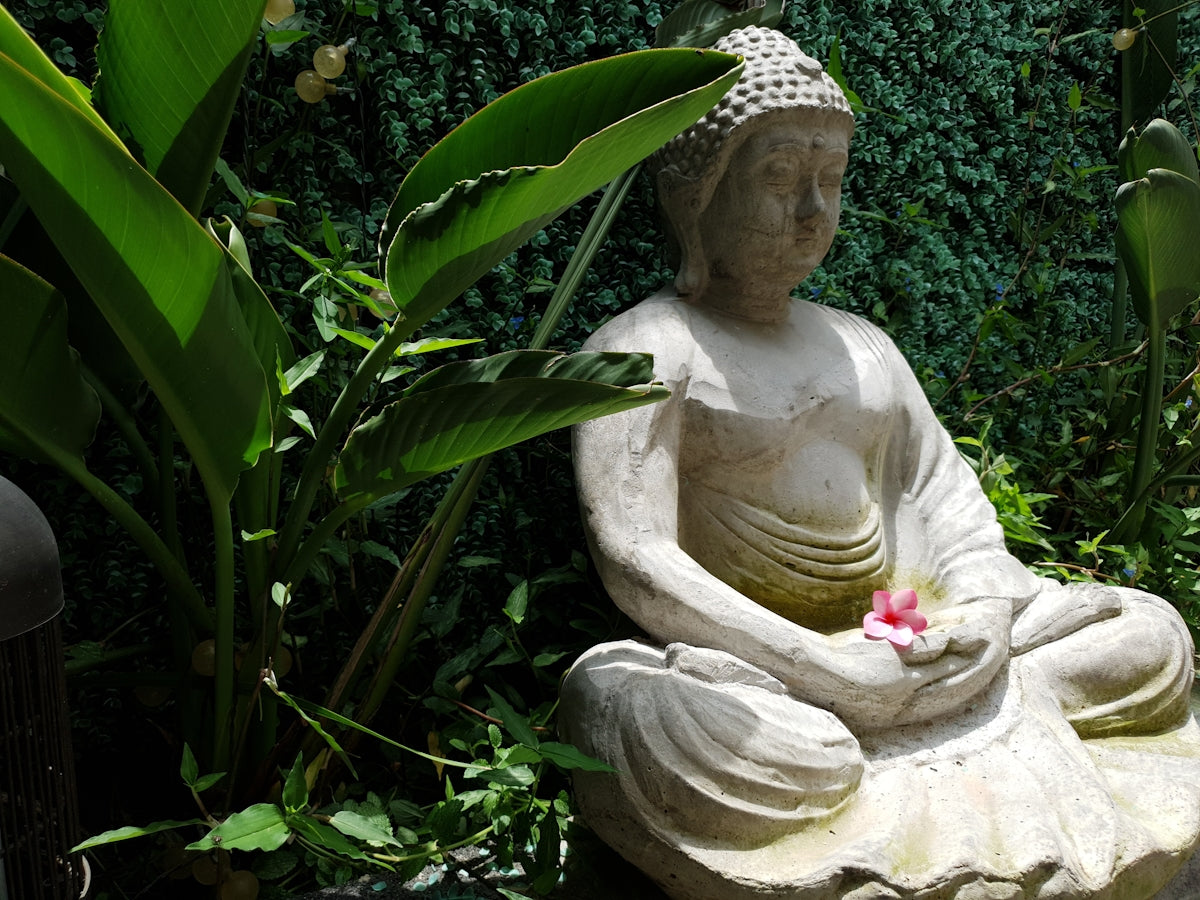 white concrete statue near green plants during daytime