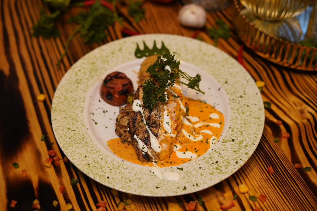 a white plate topped with food on top of a wooden table