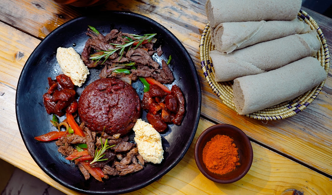 a plate of food on a wooden table