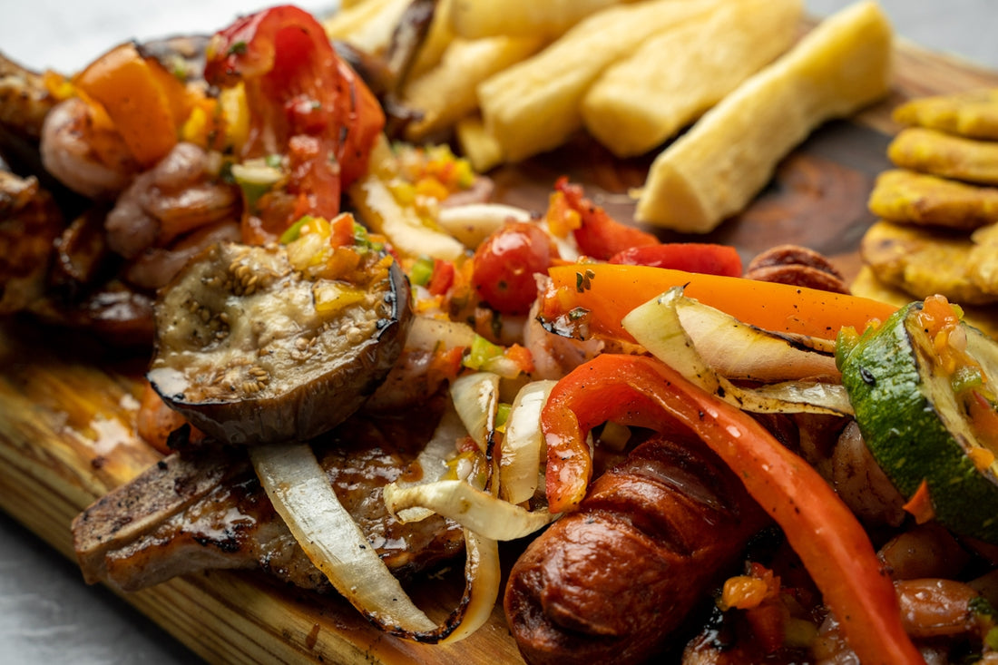 a wooden cutting board topped with lots of food