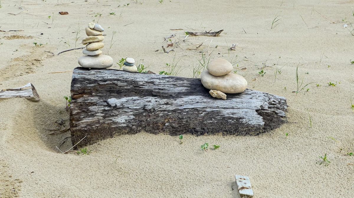 A pile of rocks sitting on top of a wooden log