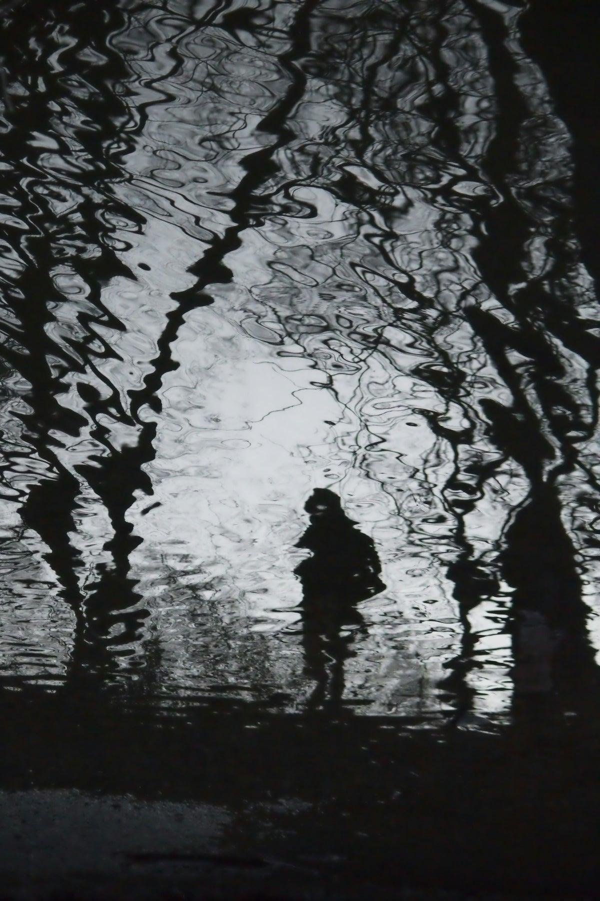 A black and white photo of a person standing in the water