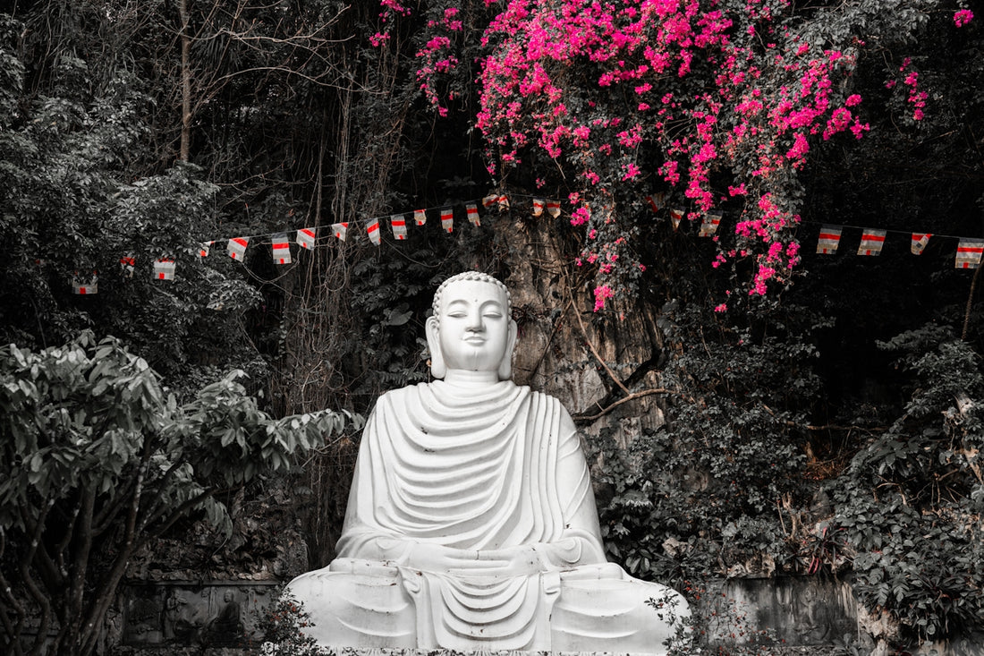 Buddha statue sits serenely amidst lush vegetation.
